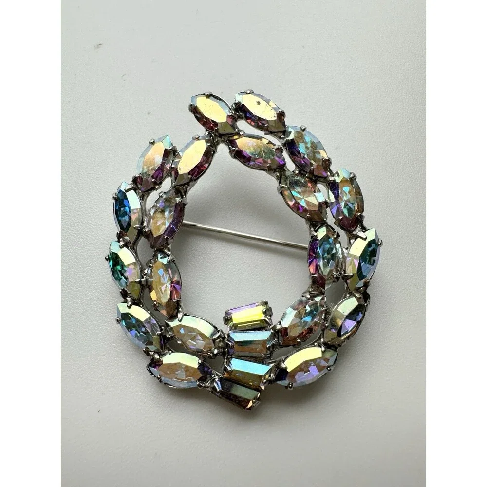 Vintage B. David Aurora Borealis Rhinestone Wreath Brooch Pin Silver Tone Signed